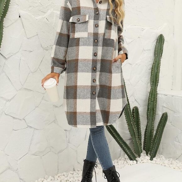 NWT Long Plaid Women Brushed Flannel Shacket Jacket Button Down Wool Blend Coat - Picture 3 of 6